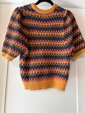 Short Sleeve Striped Knit Sweater in Mustard, Navy & Pink